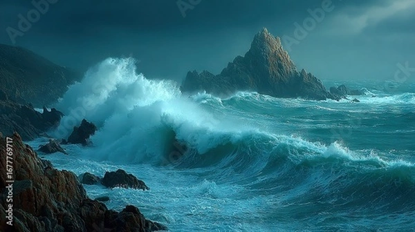 Obraz   A body of water next to rocks with a huge wave crashing