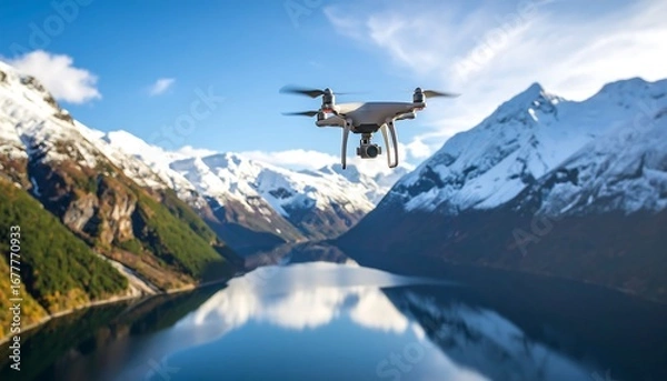 Obraz A drone gracefully soars above a serene mountain lake, showcasing the stunning natural beauty of a snow-capped alpine landscape.
