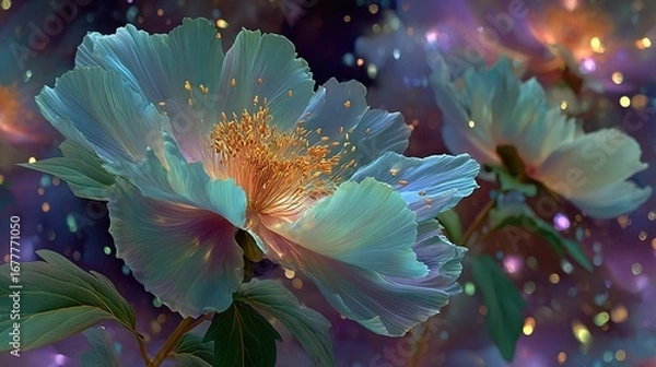 Fototapeta   A close-up of a blue flower with green leaves on a purple and blue background, adorned with golden flecks