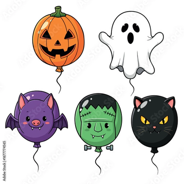 Fototapeta Fun Halloween Balloon Set With Creepy Characters Pumpkin Ghost Bat Frankenstein And Cat Design