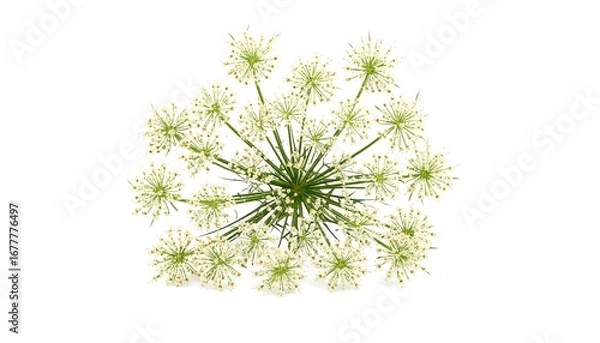 Obraz A detailed close-up view of delicate white flower clusters, with vibrant green stems and leaves, set against a pure white background.