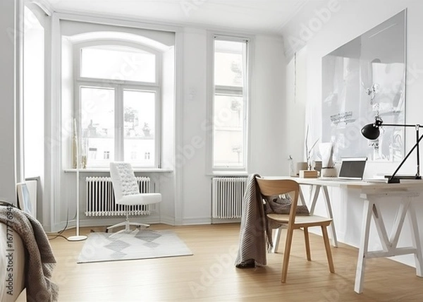 Fototapeta Scandinavian-inspired office interior featuring light wood floors, crisp white walls, minimalist furniture, and inviting cozy textiles for a serene workspace.