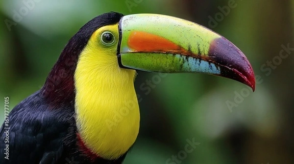 Fototapeta Beautiful close-up image of a toucan with a large, colorful beak and lush background. Wild animals. Beautiful and colorful birds