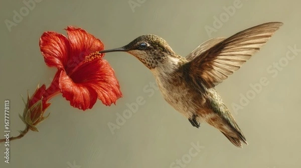 Fototapeta Beautiful, super-realistic image of a hummingbird in flight feeding on a red flower. Beautiful and colorful animals. Wild birds in nature