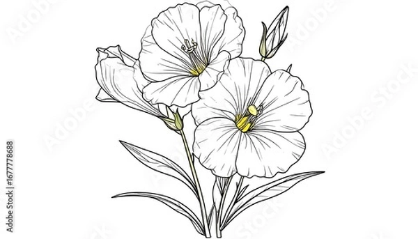 Fototapeta Delicate, intricate line drawing showcases a cluster of elegant flowers, featuring detailed petals and stems against a plain white background.