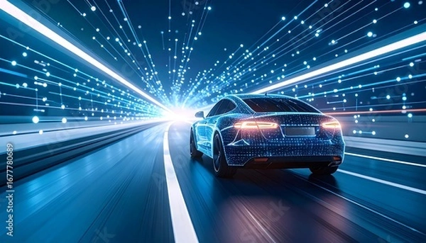 Obraz A futuristic automobile navigates a digital tunnel, its form composed of interconnected points of light.