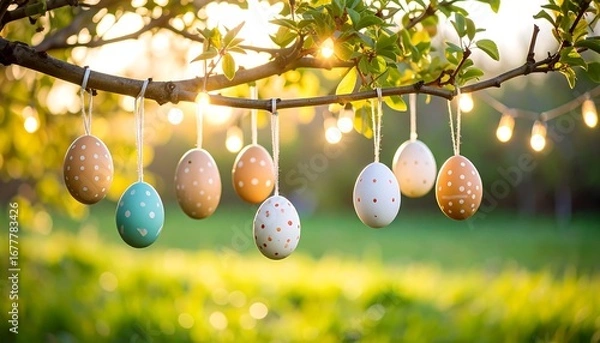 Obraz Colorful Easter eggs hang from a tree branch, illuminated by warm sunlight and string lights, creating a cheerful spring scene.