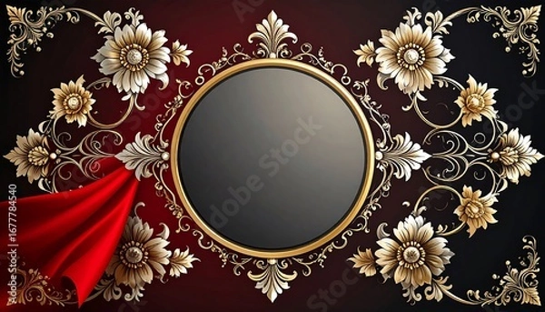 Fototapeta Ornate gold frame with red ribbon on dark background