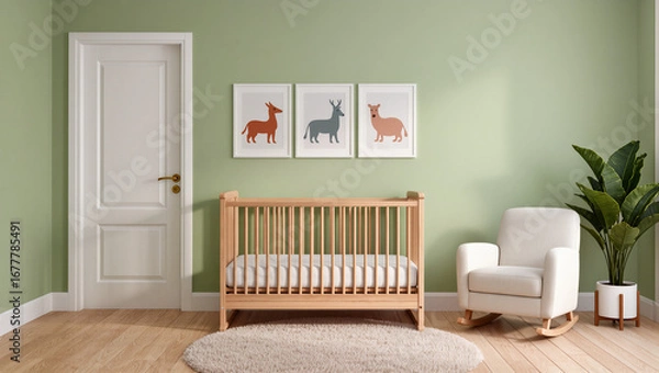 Fototapeta A beautiful baby nursery with pale green walls and a light wood floor. A baby crib and a white rocking chair are placed near a door. The three wall frames with animal art add to the minimalist  space.