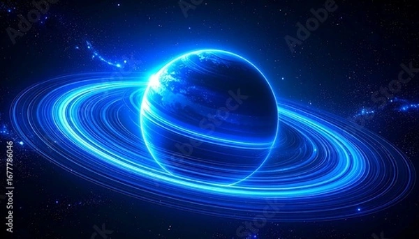 Fototapeta A vibrant celestial display of a planet encircled by luminous rings in a deep space setting.