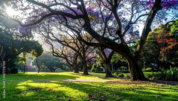 Fototapeta A tranquil park scene filled with vibrant flowering trees, casting gentle sunlight patterns on the lush green grass.
