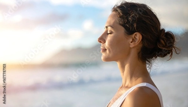Fototapeta A serene woman with closed eyes, profile view, stands by the beach, bathed in soft, golden light.
