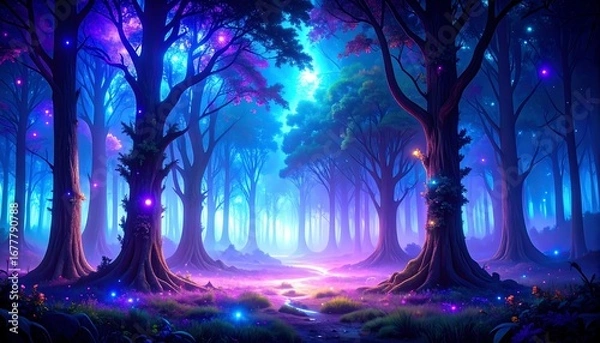 Fototapeta A mystical, vibrant forest path bathed in vibrant hues of blue and purple, illuminated by glowing lights, with tall trees lining the way.