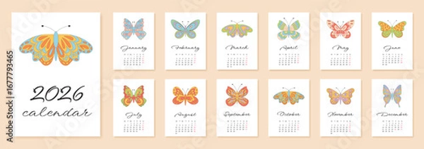 Fototapeta Groovy retro butterfly calendar with cute and colorful month template. Modern 2026 year collection in graphic banner style, y2k accent as a cheerful wall or desk addition for bright and playful decor.
