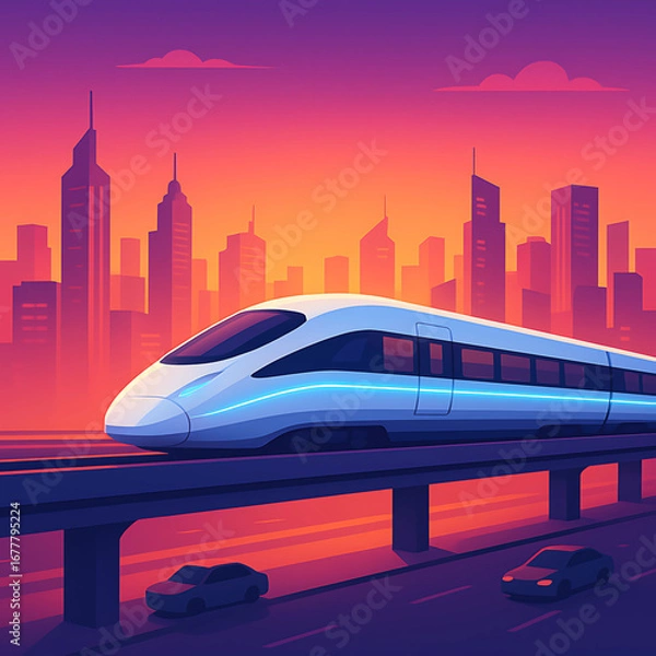 Obraz High-Speed Rail Through City Skyline at Sunset