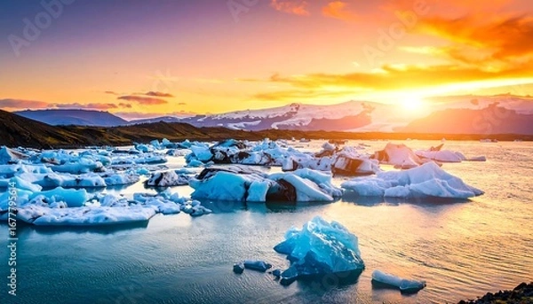 Fototapeta A breathtaking view of icebergs in a glacial lagoon at sunset, showcasing vibrant colors and a tranquil atmosphere.