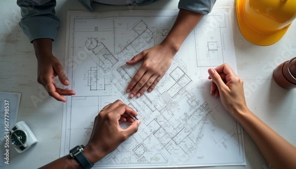 Fototapeta Collaborative planning over architectural blueprints