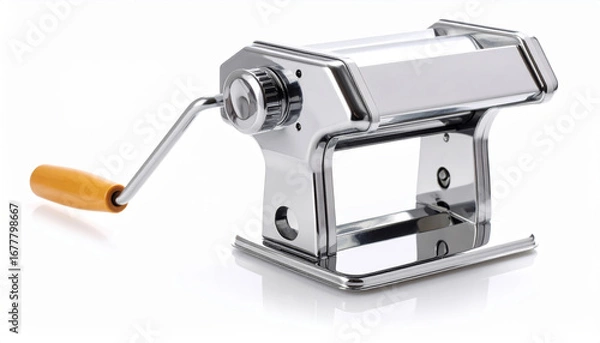 Fototapeta Gleaming pasta machine with wooden handle, reflecting on a white surface