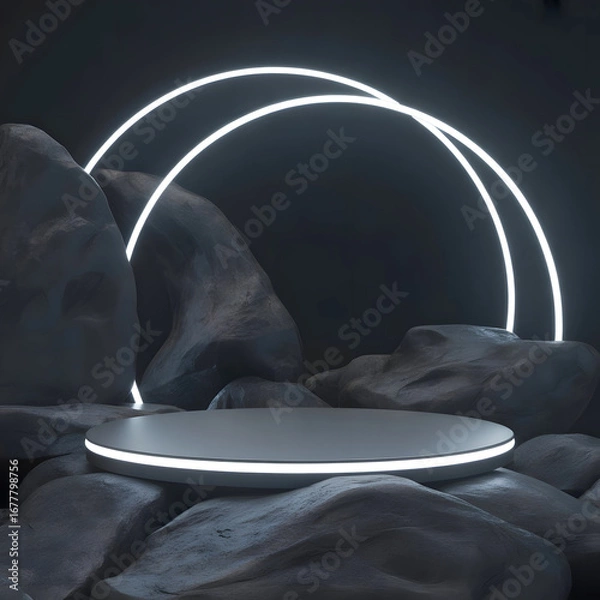 Fototapeta A modern, minimalistic product display scene with a sleek circular podium surrounded by dark textured rocks