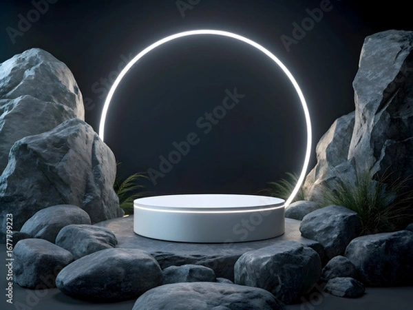 Fototapeta A modern, minimalistic product display scene with a sleek circular podium surrounded by dark textured rocks