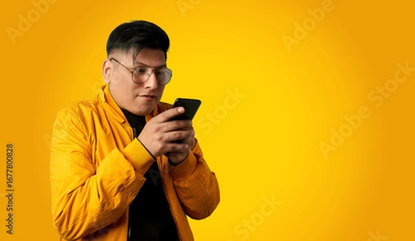 Fototapeta Focused latin man texting on a smartphone isolated on yellow background, concentrated attention to mobile communication and online chat.
