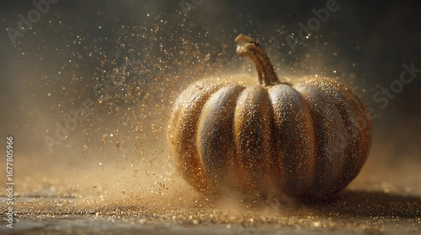 Fototapeta Golden pumpkin dissolving into sparkling dust under soft light, creating a magical autumn atmosphere with shimmering particles.