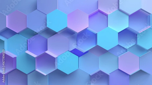 Fototapeta Layered angular hexagon panels in cool blue and lavender tones, creating a modern geometric abstract design.
