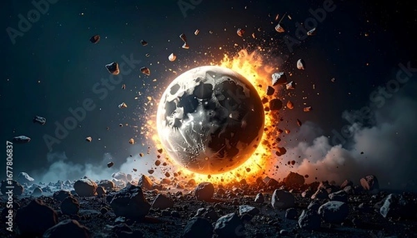Fototapeta A celestial body explodes in a dramatic display of fiery destruction amidst a cosmic debris field.