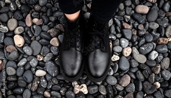 Fototapeta High-angle view of black leather boots atop a textured bed of various colored pebbles.