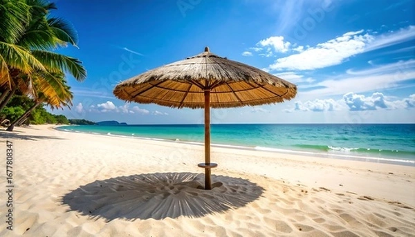 Fototapeta A tranquil beach scene showcases a thatched umbrella on the white sand, bathed in the warm sunlight of a clear day.