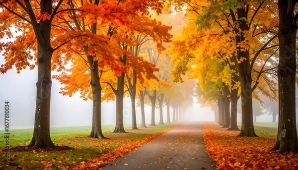Fototapeta A pathway lined with vibrant autumn trees, bathed in the soft glow of a misty morning, showcasing a picturesque fall scene.