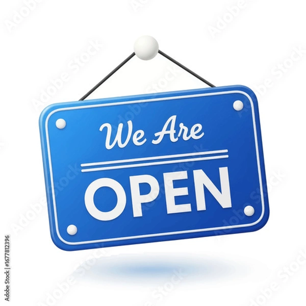 Fototapeta A glossy blue rectangular sign with the words 'We Are OPEN' in white, hanging from a knob against a white background.