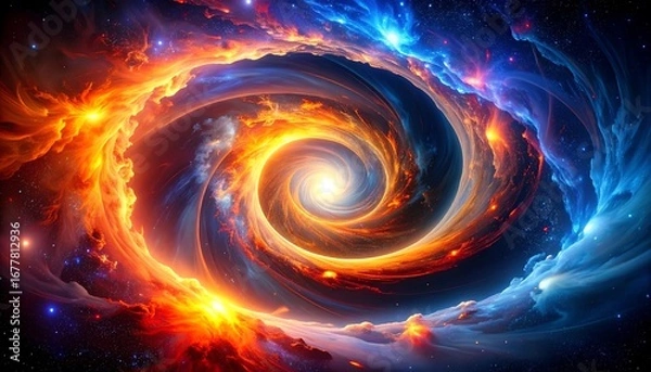 Fototapeta A swirling vortex of fiery orange and icy blue nebulae, filled with celestial energy and cosmic wonders.