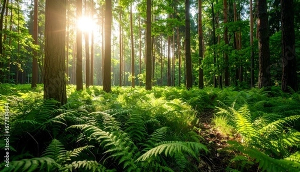 Fototapeta Sunlight streams through a lush forest floor covered in vibrant ferns, illuminating tall trees.