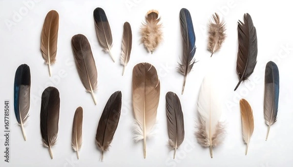 Fototapeta Various bird feathers in a symmetrical arrangement against a plain white background.