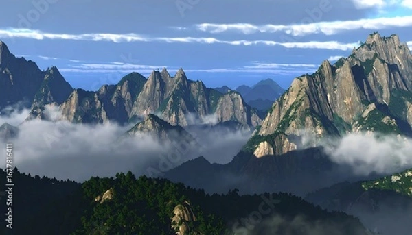 Fototapeta Mountain range panorama with mist