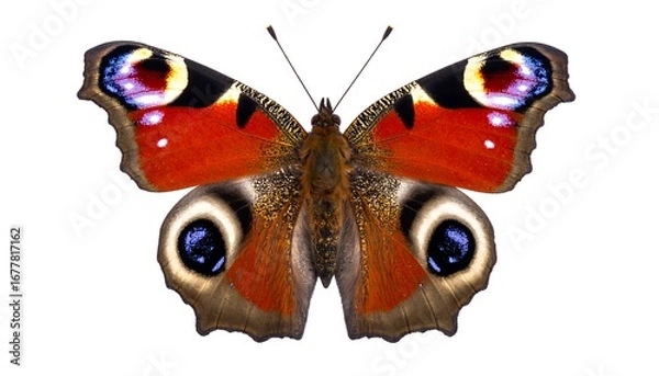 Fototapeta A captivating close-up image showcases a stunning peacock butterfly, displaying intricate patterns and vibrant colors against a plain white backdrop.