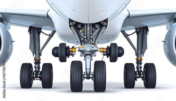Fototapeta Detailed close-up view of an airplane's landing gear mechanism against a plain white background.  The complex structure and intricate details of the aircraft's landing gear are clearly depicted.