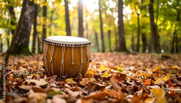 Fototapeta A rustic wooden drum rests amidst a carpet of autumn leaves in a sunlit forest, showcasing the beauty of nature's colors.