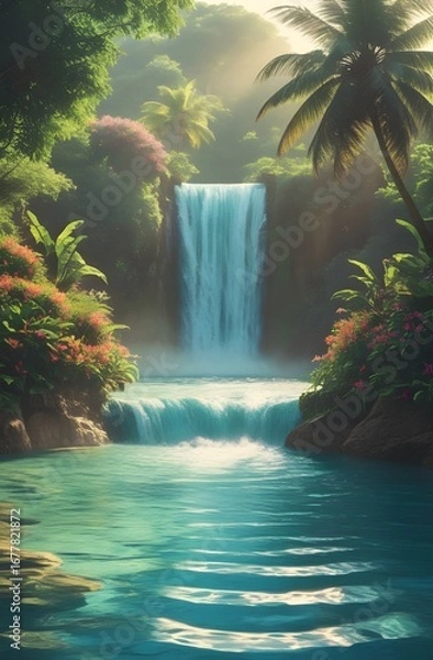 Obraz Waterfall cascading into a crystal-clear lagoon