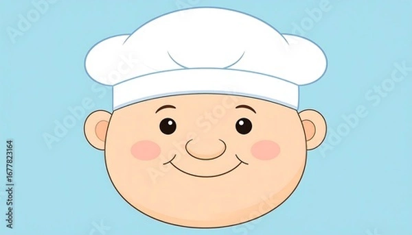 Fototapeta A cheerful chef's face, outlined in soft colors, beams against a light blue backdrop.
