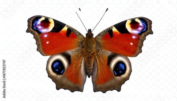 Fototapeta A close-up view of a vibrant peacock butterfly, showcasing its intricate patterns and vivid colors against a plain white background.