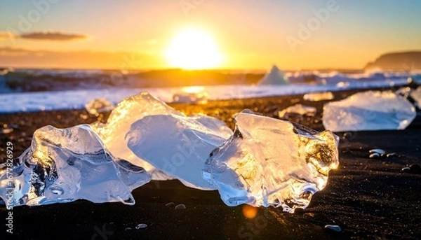 Fototapeta Sparkling glacial ice fragments gleam on a black sand beach at sunrise, bathed in golden light.