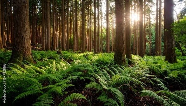 Fototapeta Sunlight streams through a dense forest, illuminating lush ferns carpeting the woodland floor.