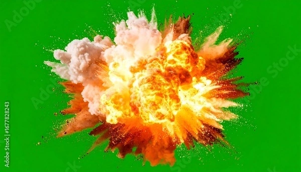 Fototapeta A vibrant explosion of colorful powder and flames against a vivid green backdrop, showcasing a dynamic and powerful visual effect.