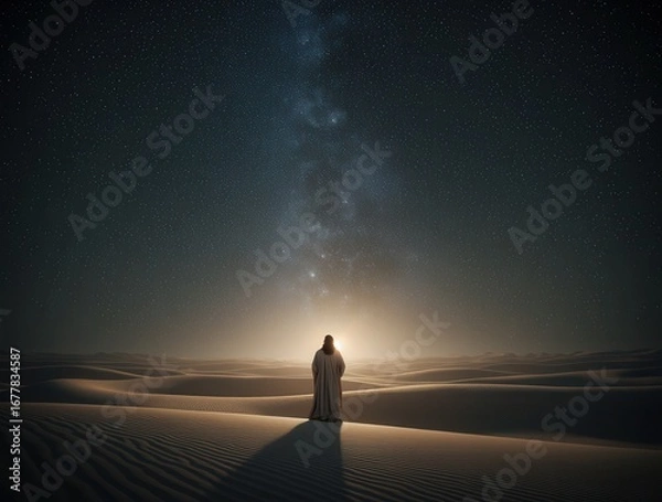 Fototapeta Prophet standing in the desert looking at the milky way during the night