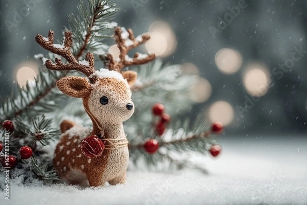 Fototapeta Cute Christmas reindeer toy with snowy pine branches and bokeh lights