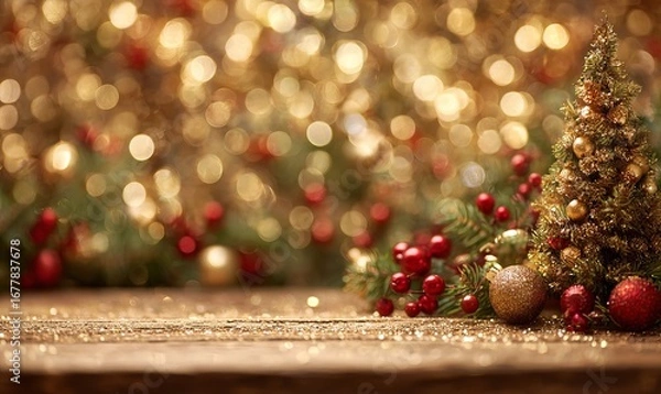 Fototapeta Miniature Christmas tree with ornaments and golden bokeh background