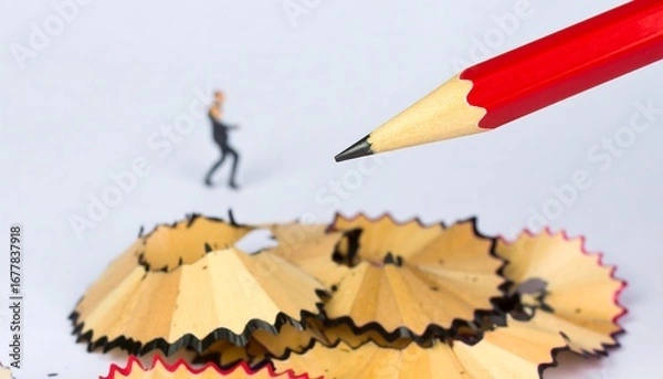 Fototapeta Miniature figure facing a sharpened pencil