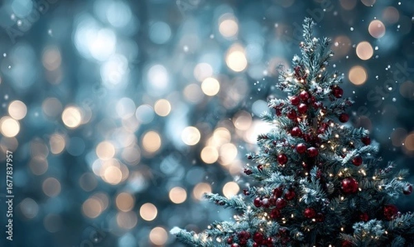 Fototapeta Snow covered Christmas tree with festive lights and red berries